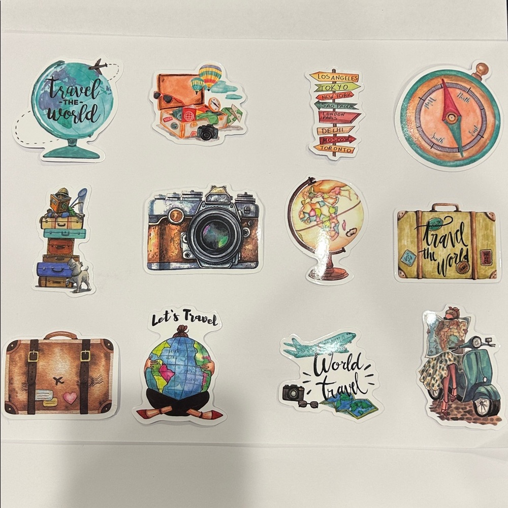 Cute Travel Stickers for Laptops or Water Bottles (Waterproof) - Set of 12